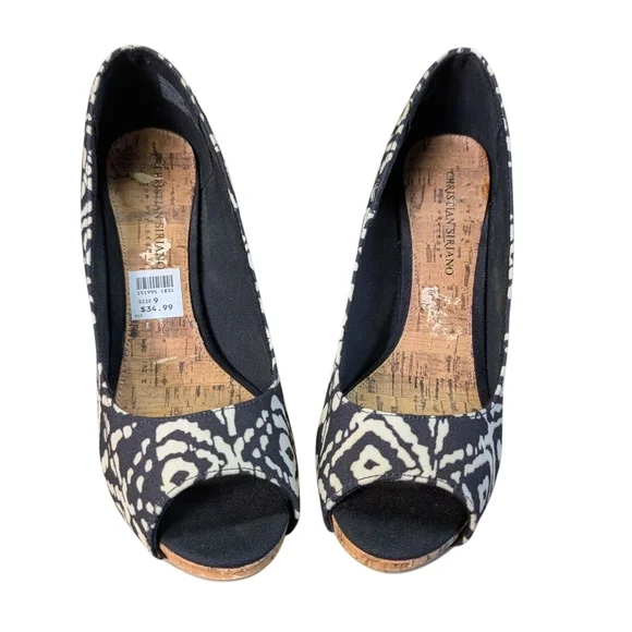 Christian Siriano Size 9 Stylish Black White Peep Open Toe Cork Heels Pattern - Picture 9 of 10
